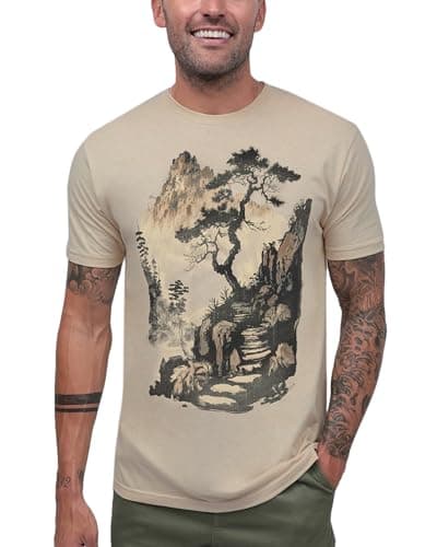 INTO THE AM Tranquil Ascent T-Shirt - Cool Space Design Tees for Men (Cream, Medium) - Image 1