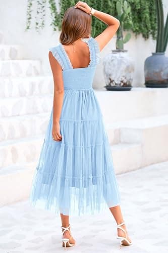 PRETTYGARDEN Women's Summer Midi Tulle Dress Sleeveless Smocked Square Neck Ruffle Flowy Party Wedding Guest Sundress (Light Blue,XX-Large) - Image 2
