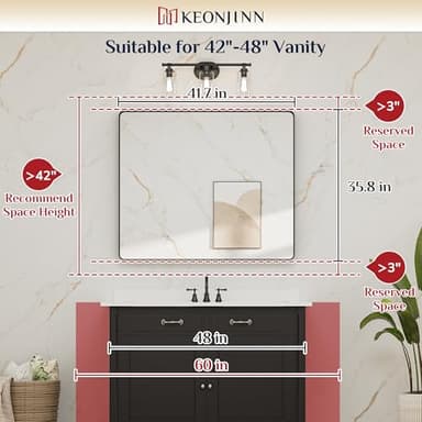 Keonjinn 42 x 36 Brushed Nickel Bathroom Vanity Mirror, Large Rounded Rectangle Bathroom Mirrors for over Sink, Metal Framed Silver Mirror for Wall, Shatterproof HD Tempered Glass(Horizontal/Vertical) - Image 6