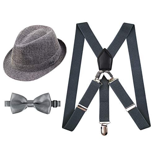 Alizeal 1 inch Suspender and Bow Tie Set with Fedora Hat for Kids(Gray) - Image 1