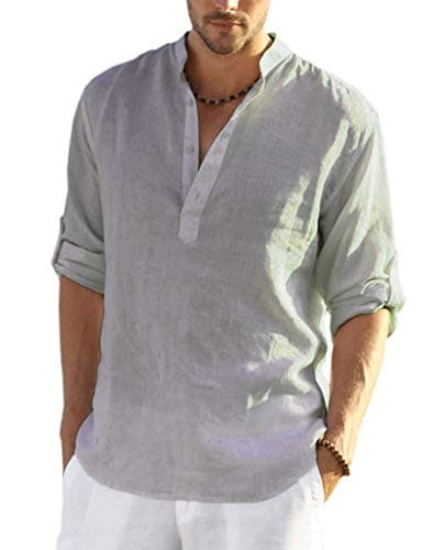 COOFANDY Men's Cotton Linen Henley T-Shirts Long Sleeve Hippie Casual Beach T-Shirts Gray - Image 1
