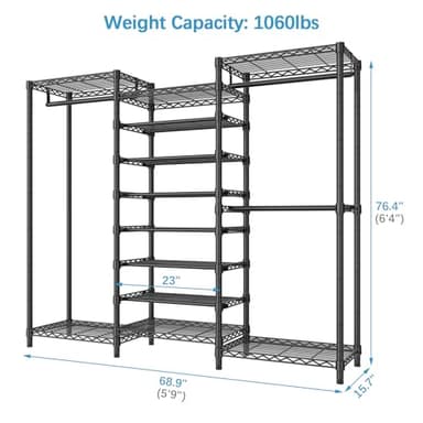 VIPEK S3 Heavy Duty Garment Rack Freestanding Clothes Rack Closet Storage Organizer Large Wardrobe with 6-Tier Shoe Rack, Hanging Rod, Adjustable Shelf, 68.9" L x 15.7" W x 76.4" H, Black - Image 5