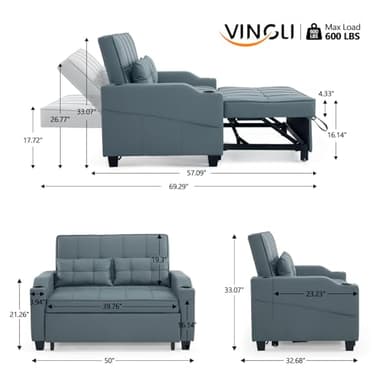 VINGLI Convertible Loveseat Sleeper, Blue Grey Faux Leather Futon Sofa Bed Pullout Couch Bed with USB Ports, Cup Holders, Armrest for Living Room, Bedroom, Home Office Apartment - Image 3