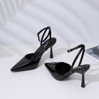 Susanny Black Heels for Women Stiletto Closed Pointed Toe Dress Shoes High Heels Sexy Patent Leather Pumps Wedding Guest Party Evening Prom Dance Ankle Strappy Dressy Shoes 9.5 - Image 8