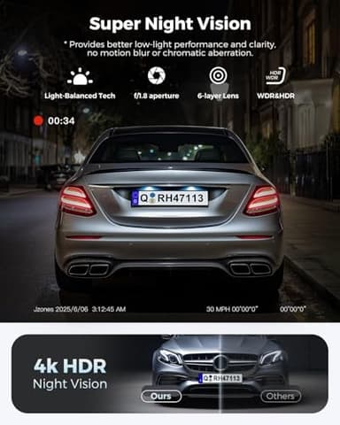 Dash Cam Front and Rear: 4K+1080P FHD Dual Dash Camera for Cars with Night Vision, 2 Channel HDR Dash Camera, 24H Parking Mode Car Camera, Built-in GPS, WiFi 6, Free 64GB Card - Image 3