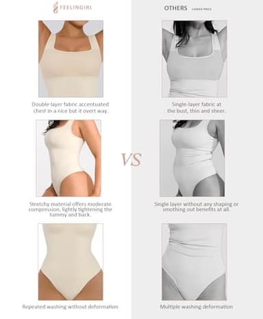 FeelinGirl Body Suits for Womens Tummy Control Bodysuit Square Neck Compression Bodysuit Thong Shapewear Bodysuit White XL/XXL - Image 5