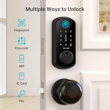 WiFi Smart Door Lock Set: Hornbill Keyless Entry Door Lock Deadbolt with Handle Set Fingerprint Front Door Lock with 2 Knobs Alexa Bluetooth Remote Code Auto Lock for Home Hotel Security Black - Image 3
