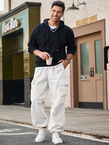 JMIERR Men's Casual Lounge Travel Parachute Pants Wide Leg Trousers Beam Feet Harem Baggy Sweatpants Cargo Pants for Fall Essentials Clothes Trendy Street Wear,L,Snow White - Image 5