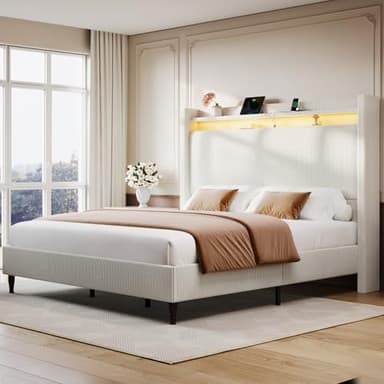 Queen Bed Frame with Tall Headboard, 55.3" Upholstered Platform Bed Frame with LED Lights & Charging Station, Elegant Corduroy Bed Frames/Wingback Headboard, No Box Spring Needed,Easy Assembly, Cream - Image 6