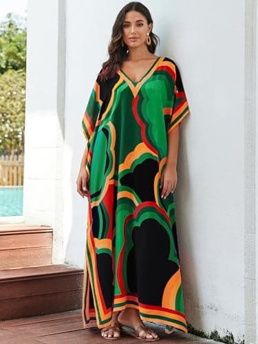 IMAGEKOPE Women's Plus Size Loose Fit Moroccan Print V-Neck Batwing Kaftan Beach Dress Bathing Suit Cover Up - Image 2