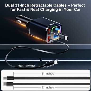 4 in 1 Retractable Car Charger,69W USB-C Fast Car Charger with Starry Light, for iPhone16/15/14/13/12,Cigarette Lighter Charger (Grey, Dual Type C &RGB Breathing Light [Black]) - Image 5