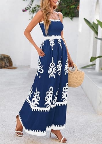 PRETTYGARDEN Summer Dress for Women 2025 Floral Sundress Spaghetti Strap Flowy Beach Vacation Boho Maxi Dresses (Dark Blue White Floral,Small) - Image 4