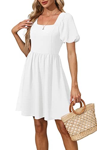 OFEEFAN White Dresses for Women Short Sleeve Mini Dress Summer Chiffon Cocktail Dress Square Neck S - Image 4