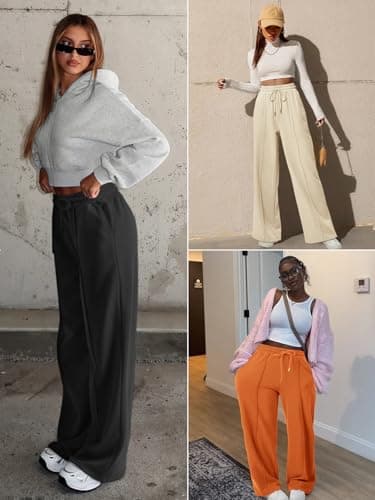 ATHMILE Jogging Pants for Women High Waisted Baggy Pants Drawstring Athletic Jogger Winter Wide Leg Pants Coffee - Image 5