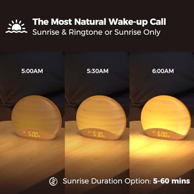 REACHER Natural Wood Grain Sound Machine Sunrise Alarm Clock，26 Nature Inspired Sleeping Sounds, 0-100% Dimmable Clock, Night Light,Brown/Pink/White Noise Sound Machine for Babys, Kids, Adults - Image 2