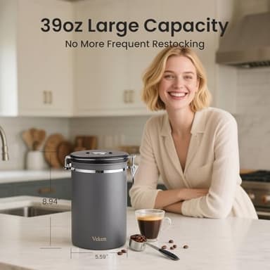 Veken Coffee Canister, 39OZ Large, Airtight Stainless Steel Food Storage Container for 2.2lbs Coffee Beans, Ground, Sugar, Tea, Flour, Cereal, Kitchen Bar Accessories with Date Tracker & Scoop, Gray - Image 2