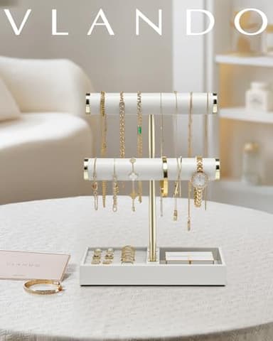 Vlando 2 Tier Bracelet Holder Organizer with Tray - Leather Jewelry Stand Organizer for Women - Jewelry Holder Display for Necklace, Watches, Rings, Earrings, Bangle, Scrunchie - White - Image 6