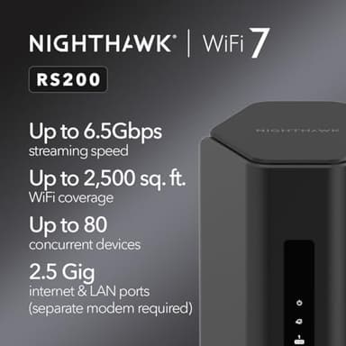 NETGEAR Nighthawk Dual-Band WiFi 7 Router (RS200) Router Only– BE6500 Wireless Speed (up to 6.5 Gbps) - Covers up to 2,500 sq. ft., 80 Devices – 2.5 Gig Internet Port - Free Expert Help - Image 2