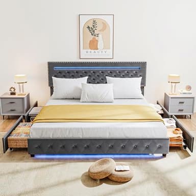 BedsPick King Size Bed Frame with LED Lights, Velvet Upholstered Platform King Bed Frame with 2 Storage Drawers and Adjustable Headboard, No Box Spring Needed King Bedframe (Light Grey, King) - Image 3