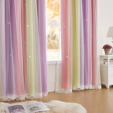 XiDi Pink Blackout Curtains for Bedroom Decor - Rainbow Unicorn Wall Decals for Girl's and Kids' Room - Purple and Yellow 34X72 Inch Long 1 Panel - Image 3