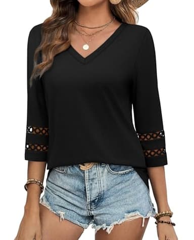 3/4 Length Sleeve Womens Tops Dressy Casual Blouses for Women Trendy V Neck Tunic Tops for Leggings Plain Black XL - Image 3