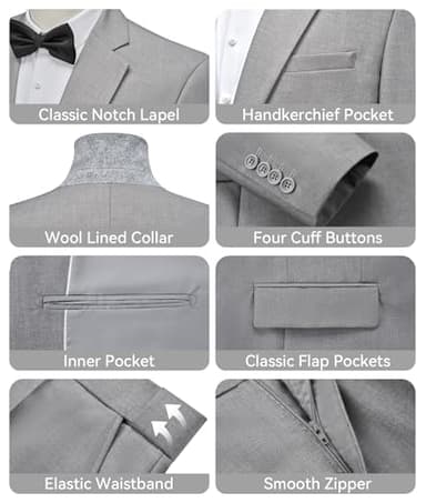 WEEN CHARM Mens Suits Slim Fit 2 Piece Wedding Tuxedo Two Button Groom Prom Party Solid Blazer Pants Suit Set Light Grey - Image 3