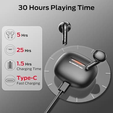 Monster N-Lite 208 Wireless Earbuds, Bluetooth Earbuds Touch Control, Bluetooth Headphones with 30H Playtime, Wireless Headphones Type-C Fast Charging, Clear Call, Comfortable Fit for Running - Image 4