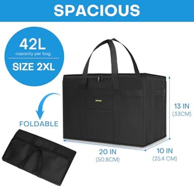 JUNGYOON 2-Pack Heavy-Duty Insulated Grocery Bags & Insulated Bag – Collapsible Cooler Bag with Zippered Top | Reusable Shopping Bags for Groceries, Picnics, Easy Storage(XXL Black) - Image 2