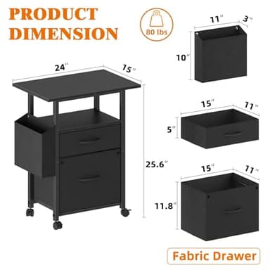 GYIIYUO 2 Drawer File Cabinet with 24'' Extended Desktop, Mobile Filing Cabinet, Rolling File Cabinet with Side Bag, Fabric Drawer, Fits A4 Size, Home Office, Black - Image 3