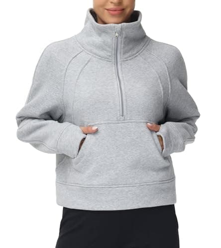 THE GYM PEOPLE Women's Half Zip Pullover Sweatshirt Fleece Stand Collar Crop Sweatshirt with Pockets Thumb Hole Grey - Image 1