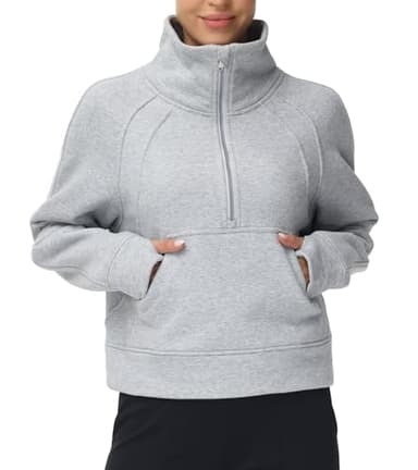 THE GYM PEOPLE Women's Half Zip Pullover Sweatshirt Fleece Stand Collar Crop Sweatshirt with Pockets Thumb Hole Grey - Image 1