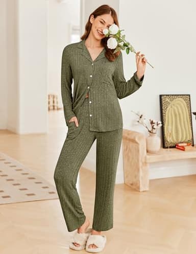 Ekouaer Womens Ribbed Knit Pajama Sets 2 Piece Lounge Set Long Sleeve Button Down Pjs Sleepwear Set with Pockets Army Green X-Large - Image 2