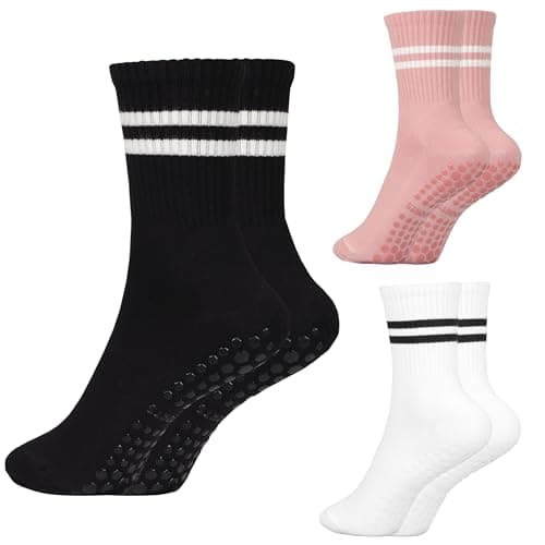 Pilates Socks with Grips for Women,3 Pairs Cotton Non Slip Yoga Crew Socks for Barre, Ballet, Dance, Workouts (US, Numeric, 5, 9, Regular, Regular, 3Pairs-Black&White&Pink-A) - Image 1