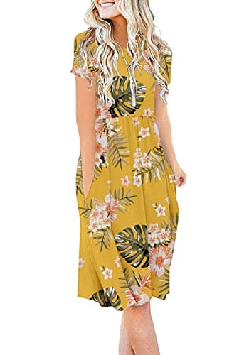 DB MOON Women 2025 Summer Casual Short Sleeve Dresses Empire Waist Dress with Pockets (Yellow Floral, S) - Image 1