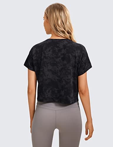 CRZ YOGA Women's Pima Cotton Workout Short Sleeve Shirts Loose Athletic Crop Tops Gym Casual Cropped T-Shirt Tie Dye Smoke Ink Medium - Image 2