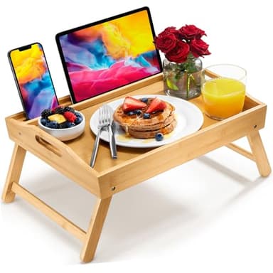 Bed Table Tray with Folding Legs, Laptop Holder and Handles - Breakfast Tray Bamboo Bed Tray for Eating, Sofa, Bed, Food Trays for Eating on Couch, Snacking and Working - Image 1