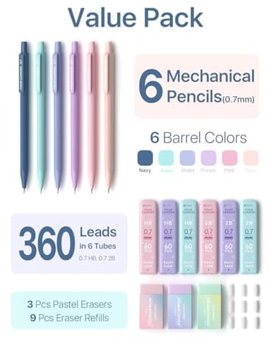 Four Candies Mechanical Pencils 0.7mm, with HB & 2B Lead Refills 0.7, Pastel Eraser Set & Eraser Refills, 16-Count Pack with Case, Cute Aesthetic School Supplies for Writing, Drawing and Sketching - Image 6