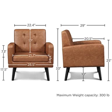 Yaheetech Mid-Century Accent Chairs, PU Leather Modern Upholstered Living Room Chair, Cozy Armchair Button Tufted Back and Wood Legs for Bedroom/Office/Cafe, Retro Brown - Image 3