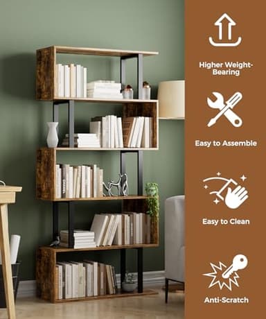 Gadroad 5-Tier Geometric Bookcase,S Shaped Bookshelf, Wood Decorative Storage Shelving, Modern Freestanding Display Shelves, Tall Book Shelf Unit for Living Room Bedroom, Rustic Brown - Image 4