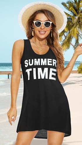 elescat Womens Swim Cover Ups T Shirt Beach Casual Dress Sleeveless Bikini Coverup(Black Letters,S) - Image 5