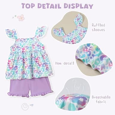 YUEMION Toddler Girl Clothes, 2Pcs Baby Girl Summer Outfits Ruffle Sleeveless Shirts Floral Tops + Shorts Clothing Set(Colorful Leopard + Purple, 2-3T) - Image 5