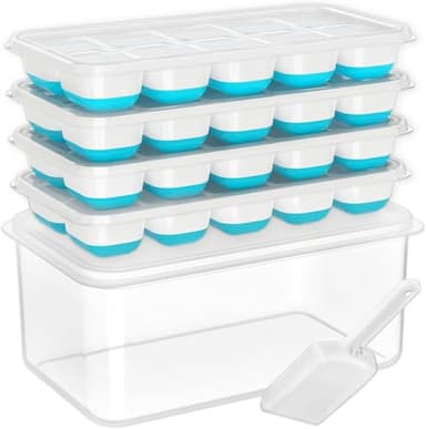 DOQAUS Ice Cube Tray with Lid and Bin, 4 Pack Silicone Plastic Ice Cubes Trays for Freezer with Box/Container, Stackable with Storage Iced Bucket Kits, Scoop, for RV, Soup, Food, Cocktail, Coffee - Image 1