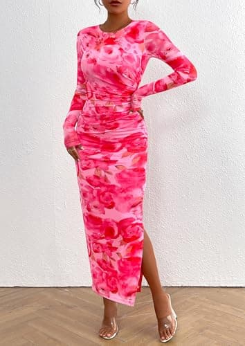 PRETTYGARDEN Women's Bodycon Maxi Dress Fall Spring Fashion Long Sleeve Floral Print Tight Fitted Party Club Ruched Dresses (Print Pink,X-Small) - Image 4