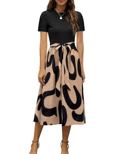 Zattcas Women 2025 Summer Dresses Short Sleeve Ribbed Teacher Church Modest Business Casual Work Outfits Midi Dress with Pockets Blackcc S - Image 1