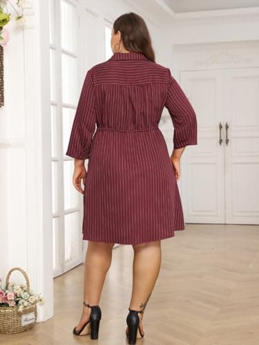 Theenkoln Womens Plus Size Button Dress Collared V Neck 3/4 Sleeve Casual Striped Print Drawstring Midi Fall Dresses with Pocket Burgundy - Image 3