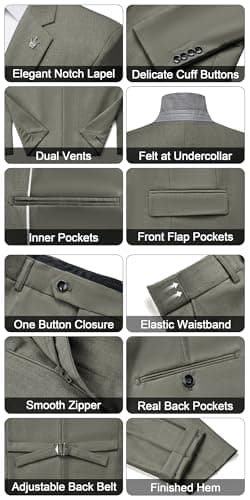 MAGE MALE Mens Suits Slim Fit 3 Piece Tuxedo Suit One Button Solid Prom Wedding Party Blazer Vest Pants Set with Tie Olive Green - Image 5