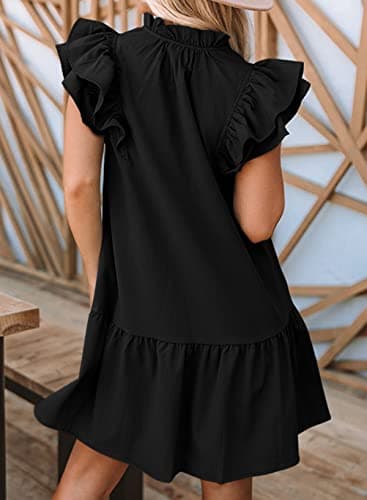 Dokotoo Womens 2025 Spring Summer Drawstring V-Neck Ruffle Sleeveless Tank Dress Resort Wear for Women Cap Short Sleeve Side Pockets Easter Mini Dress Sundress Beach Vacation Clothes Black Medium - Image 2