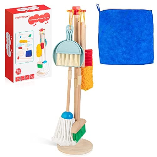 HELLOWOOD Kids Cleaning Set, 8 Pcs Wooden Housekeeping Play Set Includes Broom Mop Duster Dustpan Brushes Rag and Organizing Stand, Cleaning Toys Gift for Toddlers Girls Boys Age 3-6, Solid Beech Wood - Image 1