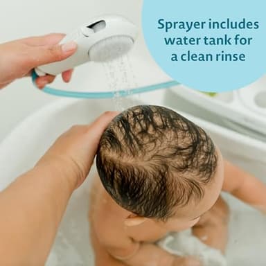 The First Years Rain Shower Baby Bathtub Set - Includes Infant Sling, Soothing Spray Shower Head, Fresh Water Tank and Built in Soft Brush - 3 in 1 Grow with Me Design - Baby Bath Essentials - Image 4
