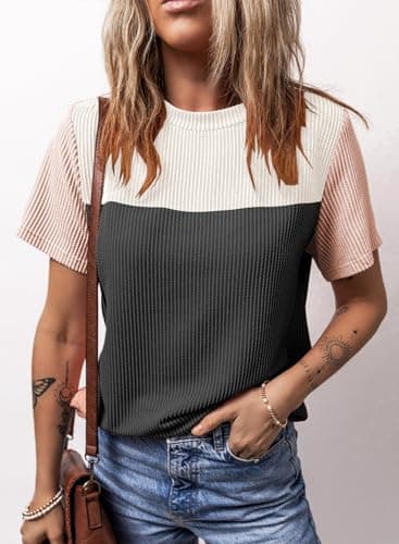 Dokotoo Women's Clothing Colorblock Crewneck Short Sleeve Shirt Spring Sweatshirts Business Casual Loose Ladies Clothes Shirts Summer Outfits for Women Trendy Black Large - Image 4